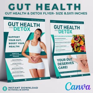 Ulotka Detox Szablon zdrowia jelit Ulotka o holistycznym zdrowiu Medycyna funkcjonalna Edytowalny szablon Canva dla dietetyków i centrów odnowy biologicznej