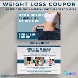 Modello di coupon per la perdita di peso, Medical Spa, Carta di segnalazione di un amico, Buono sconto per referral Semaglutide, Carta fedeltà GLP‑1, Foglio sanitario