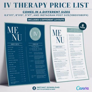 IV Therapie Menü Vorlage IV Hydratation Flyer Preisliste IV Tropfbehandlung Menü Vitamin Infusion Preis Handout Wellness Center Canva Bearbeitbar