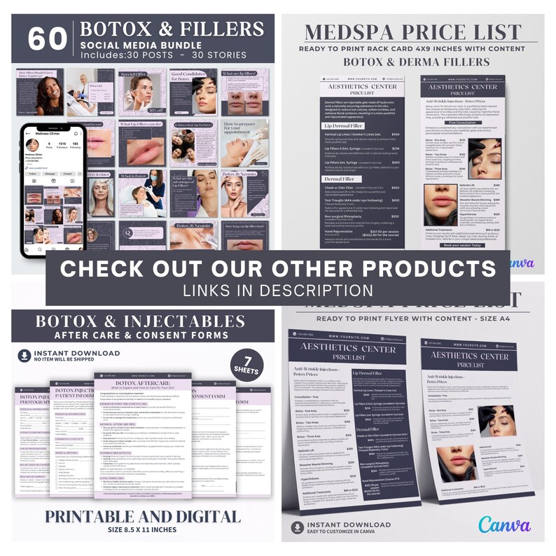 May include: A digital marketing bundle for a MedSpa business. The bundle includes 60 social media posts and stories, a price list for Botox and dermal fillers, and aftercare and consent forms for Botox and injectables. The bundle is available for instant download and is printable and digital.
