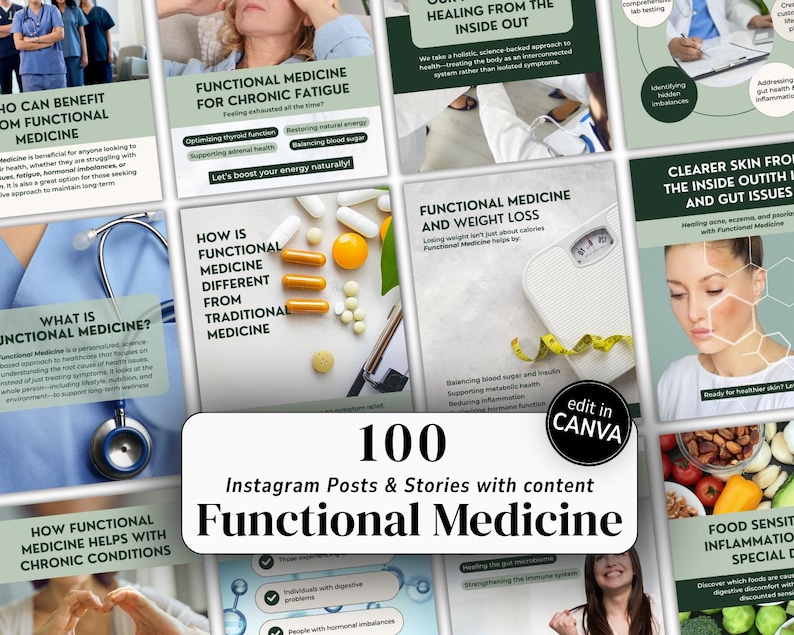 Functional Medicine social media Canva templates for wellness clinics and holistic health practitioners. Ready-to-post Functional Medicine Instagram posts and stories with educational content, patient engagement ideas, and clinic marketing visuals. Perfect for naturopathic doctors and integrative medicine professionals.