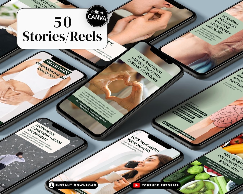 Editable Functional Medicine social media post bundle for health clinics. Includes ready-to-use Canva designs for educational, promotional, and patient engagement content. Ideal for naturopathic doctors, integrative wellness coaches, and clinics promoting Functional Medicine programs and services.