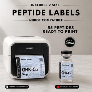 May include: A white and black Niimbot label printer printing a label with GHK-Cu 5 mg text, next to a small glass vial with a matching GHK-Cu label. Text includes INCLUDES 2 SIZE PEPTIDE LABELS, NIIMBOT COMPATIBLE, 55 PEPTIDES READY TO PRINT, and edit in CANVA.
