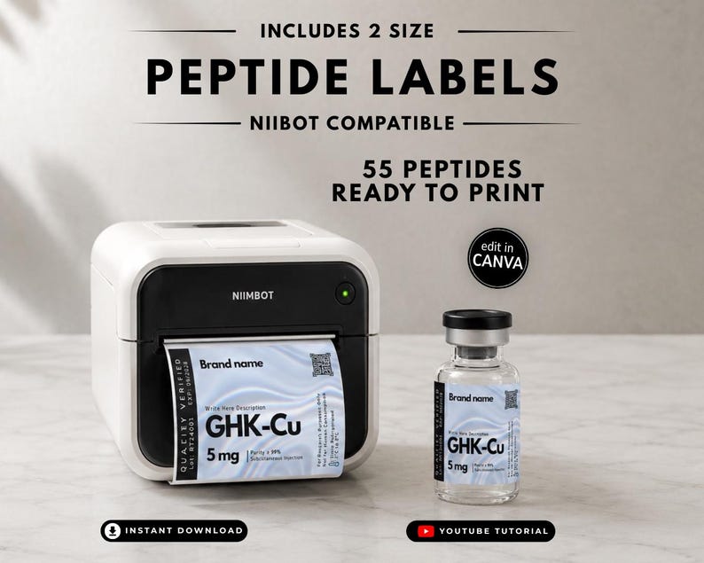 May include: A white and black Niimbot label printer printing a label with GHK-Cu 5 mg text, next to a small glass vial with a matching GHK-Cu label. Text includes INCLUDES 2 SIZE PEPTIDE LABELS, NIIMBOT COMPATIBLE, 55 PEPTIDES READY TO PRINT, and edit in CANVA.