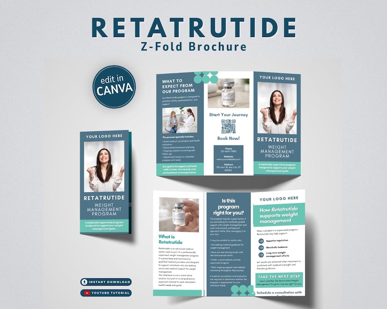 Retatrutide Trifold Vorlage | GLP Abnehmbroschüre (bearbeitbares Canva) Bild 1