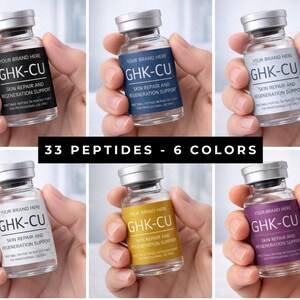May include: Six small glass vials with silver caps, each labeled with "GHK-CU SKIN REPAIR AND REGENERATION SUPPORT." The labels are in black, blue, white, yellow, and purple. The text "33 PEPTIDES - 6 COLORS" is also visible.