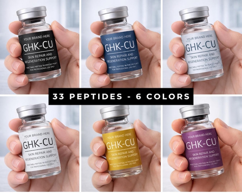 May include: Six small glass vials with silver caps, each labeled with "GHK-CU SKIN REPAIR AND REGENERATION SUPPORT." The labels are in black, blue, white, yellow, and purple. The text "33 PEPTIDES - 6 COLORS" is also visible.