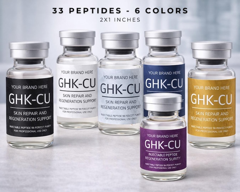 Minimal peptide label design Canva template with modern clinical layout
