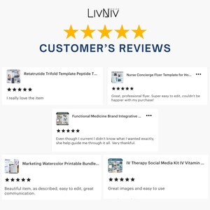 May include: A graphic displaying customer reviews with a five-star rating system. The text "CUSTOMER'S REVIEWS" is prominent. Reviews mention templates, flyers, and social media kits, with comments like "I really love the item" and "Great images and easy to use."