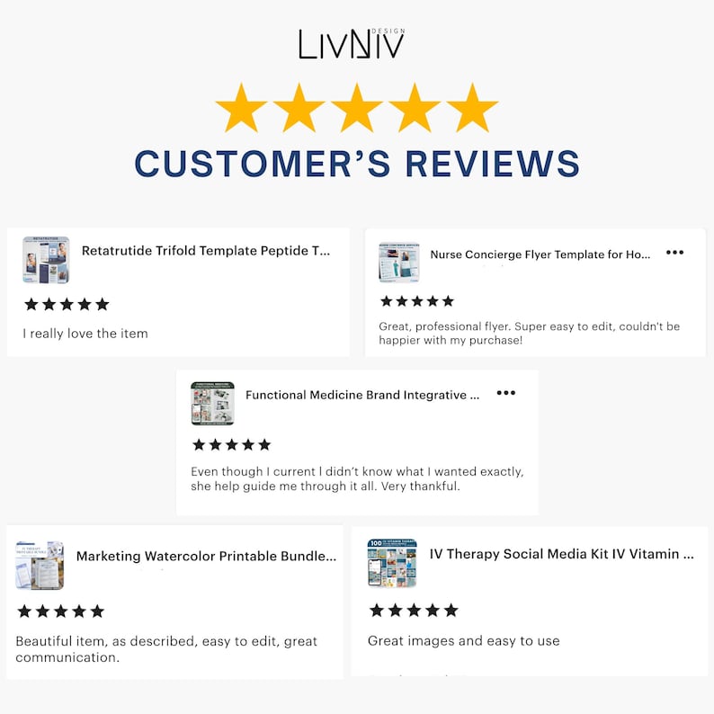 May include: A graphic displaying customer reviews with a five-star rating system. The text "CUSTOMER'S REVIEWS" is prominent. Reviews mention templates, flyers, and social media kits, with comments like "I really love the item" and "Great images and easy to use."