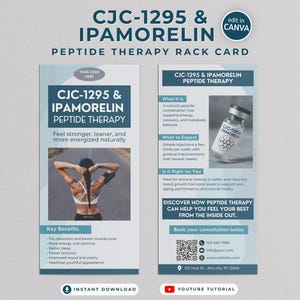 May include: A rack card promoting CJC-1295 & IPAMORELIN peptide therapy. The card includes text, an image of a woman, and a vial of medication. Key benefits are listed, such as fat reduction, better muscle tone, and increased energy.