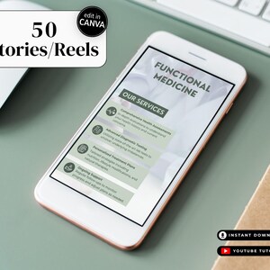 Functional Medicine clinic social media content bundle. Canva editable templates with posts and stories for holistic healing, root cause medicine, lab testing, hormone balance, and gut health awareness. Designed for Functional Medicine doctors, wellness practitioners, and health coaches.
