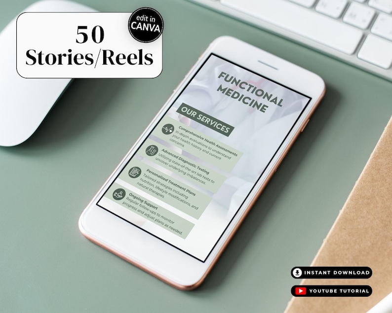 Functional Medicine clinic social media content bundle. Canva editable templates with posts and stories for holistic healing, root cause medicine, lab testing, hormone balance, and gut health awareness. Designed for Functional Medicine doctors, wellness practitioners, and health coaches.