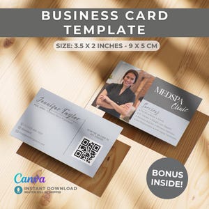 May include: A business card template with a light grey design, featuring the name "Jennifer Taylor" and contact information. The card is 9 x 5 cm and includes a QR code. The image also shows a second card with a photo and the text "MEDSPA Clinic".