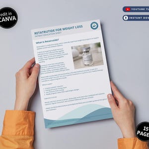 May include: A patient education sheet titled "Retatrutide for Weight Loss" is held by a person. The sheet includes text and an image of a vial. The Canva logo is in the upper left corner, and the YouTube tutorial and instant download icons are in the upper right.