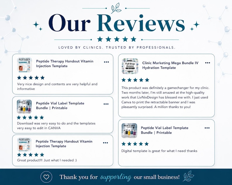 May include: A teal graphic with the words "Our Reviews" and customer testimonials. The reviews are for templates, including a vitamin injection handout and a hydration template. The text "Loved by Clinics. Trusted by Professionals" is also included.