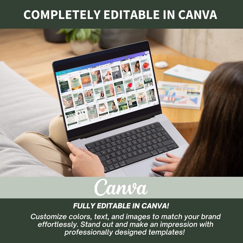 May include: A person using a laptop computer with the Canva logo on the screen. The text on the screen reads "FULLY EDITABLE IN CANVA! Customize colors, text, and images to match your brand effortlessly. Stand out and make an impression with professionally designed templates!"