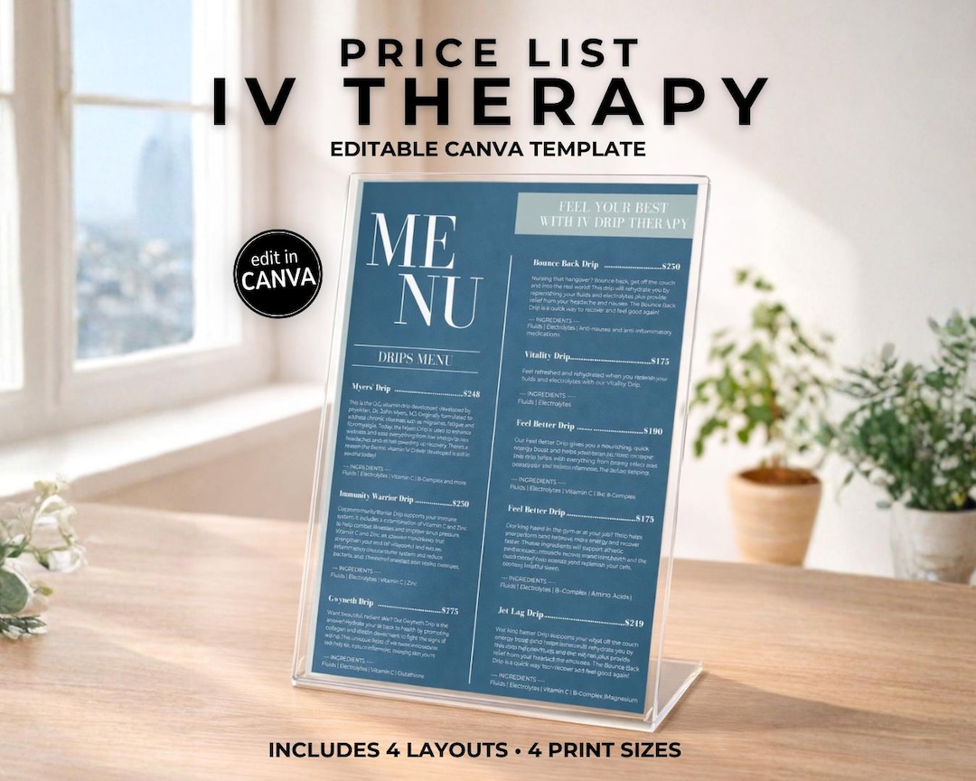 Ivd Menu IV Therapy Menu Template | Hydration Flyer, Price List (canva Editable ...