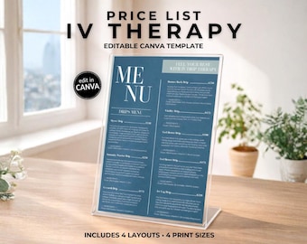 IV Therapy Menu Template | Hydration Flyer, Price List (Canva Editable)