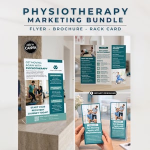 May include: A marketing bundle for physiotherapy services, including a flyer, brochure, and rack card. The flyer features the text "Get Moving Again with Physiotherapy" and images of physical therapy sessions. The brochure and rack card are also visible.