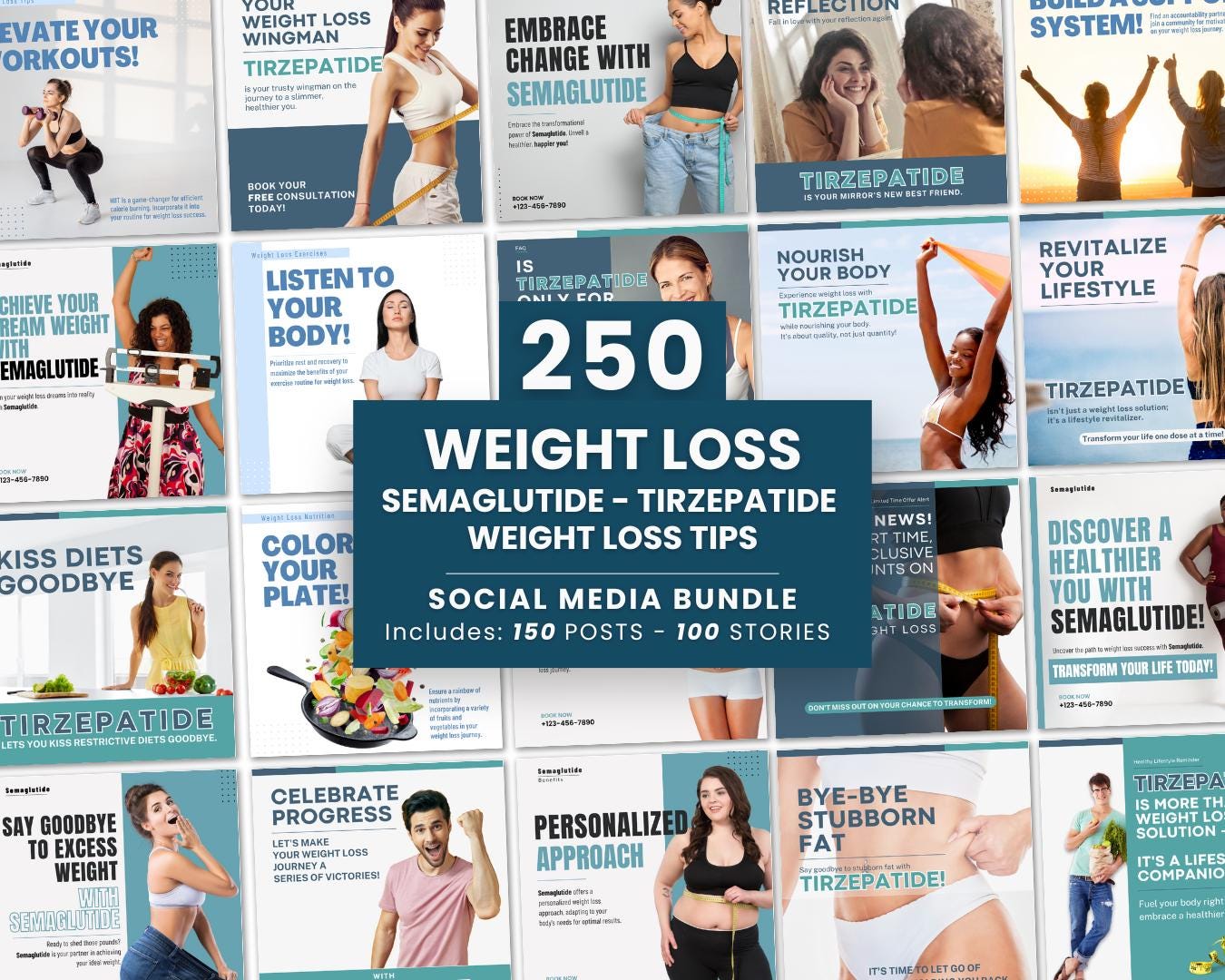 Weight Loss Social Media Bundle for Med Spas Semaglutide Branding Tirzepatide Template Clinic Marketing Kit GLP-1 Template Nutrition Tips