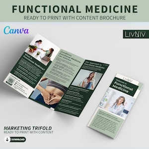 Szablon broszury medycyny funkcjonalnej Ulotki dotyczące zdrowia cyfrowego Medycyna integracyjna Trifold Canva Broszura edytowalna Marketing kliniki odnowy biologicznej