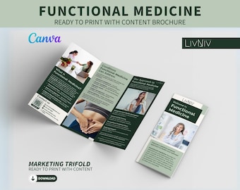 May include: A trifold brochure with a green background and white text. The brochure is titled "Functional Medicine" and includes information about the benefits of functional medicine. The brochure also includes a contact us section with a QR code.