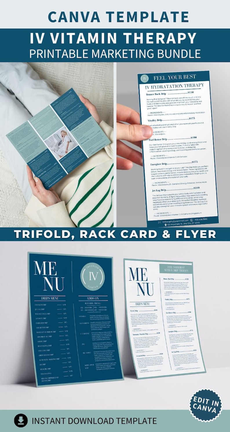 May include: A digital marketing bundle template for IV vitamin therapy, featuring a trifold brochure, rack card, and flyer. The design includes a blue and white color scheme with the text "IV Vitamin Therapy" and "Instant Download Template."