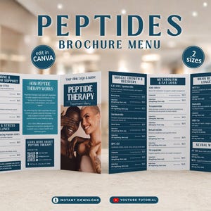 May include: A brochure menu titled "PEPTIDES" with a dark teal and white color scheme. The brochure is tri-fold and features information on peptide therapy, including immune support, muscle growth, and brain health. The text "edit in CANVA" is visible.
