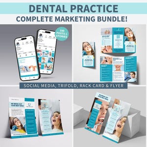 Pacote de Marketing Odontológico Canva Modelos Editáveis para Clínica Odontológica Brochura Imprimível para Dentista Cartão de Panfleto para Clínica Médica Postagem Social