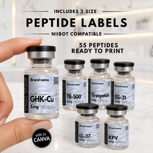 May include: A set of digital peptide labels compatible with Niimbot printers, featuring 55 designs ready to print. The labels are displayed on clear glass vials with black caps, showing text like GHK-Cu 5 mg, TB-500, Tirzepatide, SS-31, LL-37, and KPV.