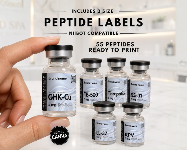 May include: A set of digital peptide labels compatible with Niimbot printers, featuring 55 designs ready to print. The labels are displayed on clear glass vials with black caps, showing text like GHK-Cu 5 mg, TB-500, Tirzepatide, SS-31, LL-37, and KPV.