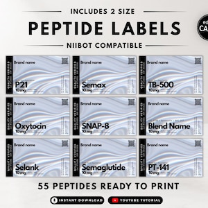 May include: A digital template set of nine rectangular peptide labels with a wavy, iridescent silver background. Each label features black text including brand name, peptide names like P21, Semax, and TB-500, and quality verified stamps.