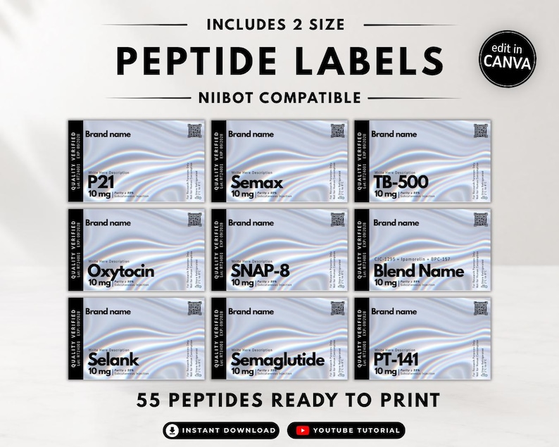 May include: A digital template set of nine rectangular peptide labels with a wavy, iridescent silver background. Each label features black text including brand name, peptide names like P21, Semax, and TB-500, and quality verified stamps.
