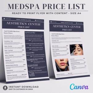 Modelo de panfleto com lista de preços de Botox, menu de preenchimento, guia de preços MedSpa editável, folheto com lista de serviços, preço de tratamento de Botox e Dermatologia