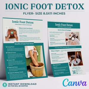 Ulotka Ionic Foot Detox Szablon Marketing kąpieli stóp Canva Ulotka Medspas Centra odnowy biologicznej Kliniki holistyczne Ulotka Do druku Do edycji