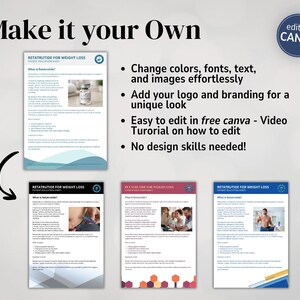 May include: A promotional graphic with the text "Make it your Own" and "edit in CANVA". The image showcases editable templates for weight loss information sheets. The sheets have a blue, teal, and white color scheme.