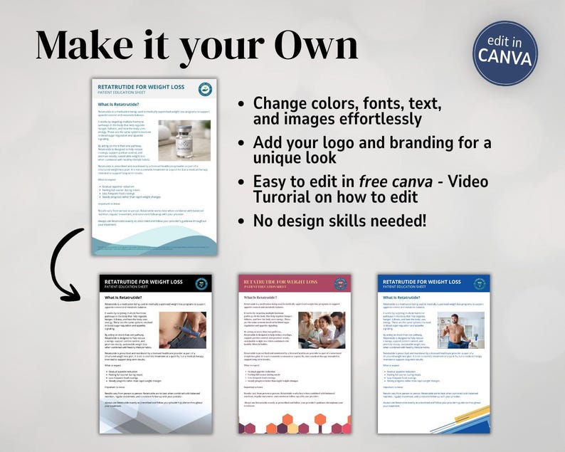 May include: A promotional graphic with the text "Make it your Own" and "edit in CANVA". The image showcases editable templates for weight loss information sheets. The sheets have a blue, teal, and white color scheme.