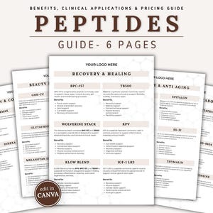 May include: A guide titled "PEPTIDES" with the subtitle "BENEFITS, CLINICAL APPLICATIONS & PRICING GUIDE" and "GUIDE - 6 PAGES." The guide features several pages with detailed information on various peptides, including BPC-157, TB500, and Epitalon.