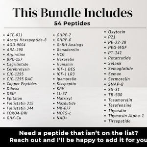 May include: A white informational graphic with black text titled This Bundle Includes 54 Peptides. The list features ACE-031, Acetyl Hexapeptide-8, AOD-9604, ARA-290, Argireline, BPC-157, Cagrilintide, Cerebrolysin, CJC-1295, CJC-1295 DAC, Copper Peptides, Dihexa, DSIP, Epitalon, Follistatin 315, Follistatin 344, FOXO4-DRI, GHK-Cu, GHRP-2, GHRP-6, GnRH Analogs, Gonadorelin, HCG, Hexarelin, Humanin, IGF-1 DES, IGF-1 LR3, Ipamorelin, Kisspeptin, KPV, LL-37, Matrixyl, Mazdutide, MK-677, MOTS-c, NAD+, Oxytocin, P21, PE-22-28, PEG-MGF, PT-141, Retatrutide, Selank, Semaglutide, Semax, Sermorelin, SNAP-8, SS-31, TB-500, Tesamorelin, Tesofensine, Thymalin, Thymosin Alpha-1, and Tirzepatide. The bottom text reads Need a peptide that isn't on the list? Reach out and I'll be happy to add it for you.