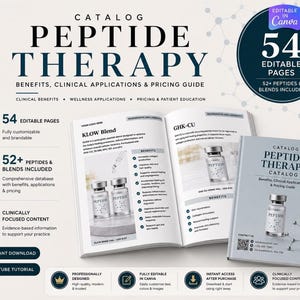 May include: A digital catalogue template for peptide therapy featuring 54 editable pages. The layout displays text about KLOW Blend and GHK-CU, images of peptide vials, and molecular structures. The cover reads Peptide Therapy Catalogue with contact details.