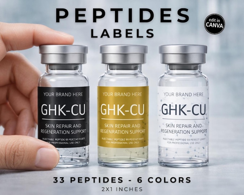 Customizable peptide labels Canva template for med spa and peptide therapy branding
