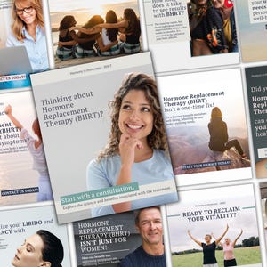 Peut inclure: Un dépliant promotionnel intitulé Thinking about Hormone Replacement Therapy (BHRT)? montrant une personne souriante aux cheveux bouclés, portant un haut bleu clair, avec le texte Start with a consultation! Explore the science and benefits associated with the treatment.