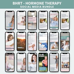 May include: A social media bundle for hormone replacement therapy (BHRT) with 16 different images. The images feature women of different ages and backgrounds, and they promote the benefits of BHRT. The images are designed to be used on social media platforms like Instagram and Facebook.
