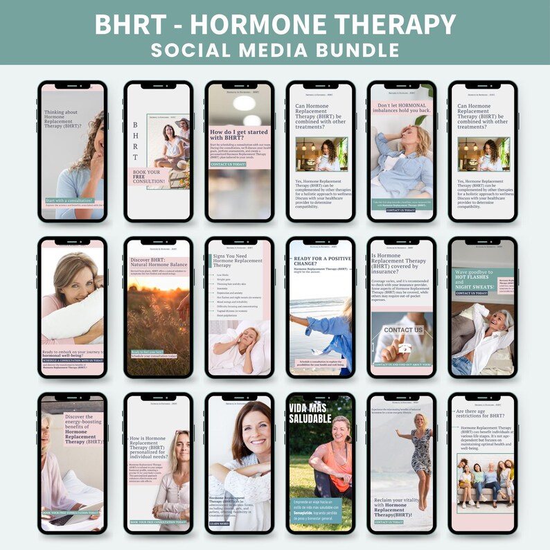 May include: A social media bundle for hormone replacement therapy (BHRT) with 16 different images. The images feature women of different ages and backgrounds, and they promote the benefits of BHRT. The images are designed to be used on social media platforms like Instagram and Facebook.