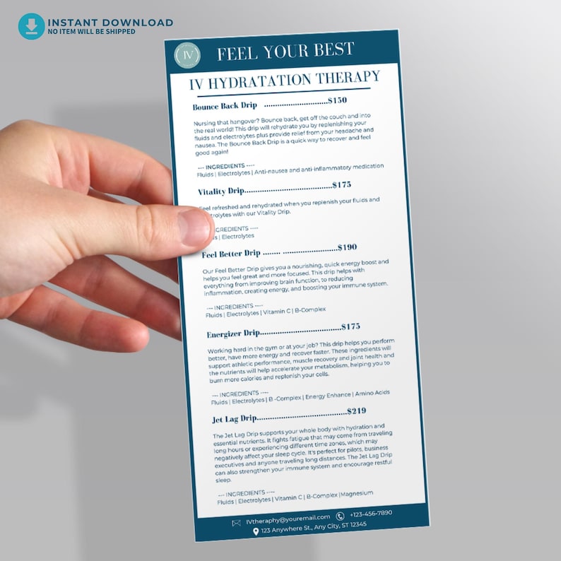 May include: A teal and white IV Hydration Therapy menu is held by a hand. The menu lists various IV drips, including Bounce Back, Vitality, Feel Better, Energizer, and Jet Lag, with prices and descriptions.