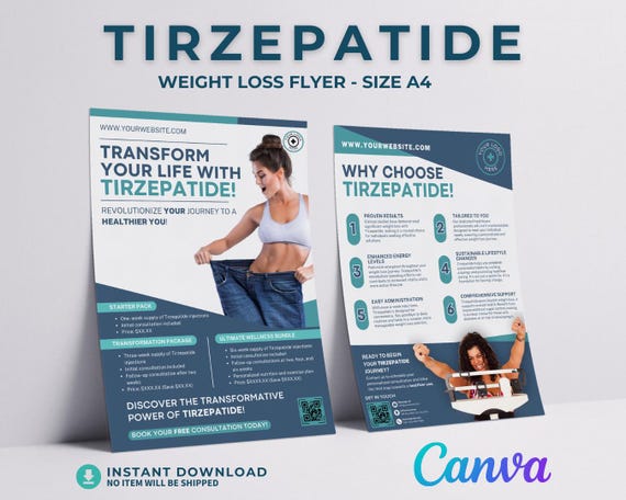 Tirzepatide Flyer Weight Loss Brochure Template GLP-1 Handout Weight Loss  Injection Info Sheet Medspa Canva Editable Wellness Printable