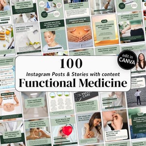 Functional Medicine Instagram templates for clinics, wellness centers, and integrative health practitioners. Canva editable bundle with pre-written educational content, holistic lifestyle visuals, and wellness marketing ideas. Build your Functional Medicine brand and attract new patients online.