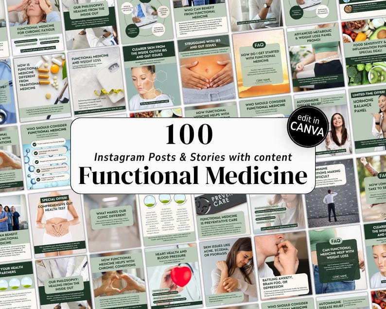 Functional Medicine Instagram templates for clinics, wellness centers, and integrative health practitioners. Canva editable bundle with pre-written educational content, holistic lifestyle visuals, and wellness marketing ideas. Build your Functional Medicine brand and attract new patients online.