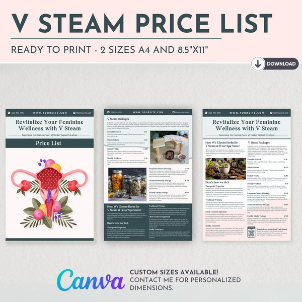 Yoni Steam Price List | Canva Editable Template V Steaming | Herbal Vaginal Steaming Price List